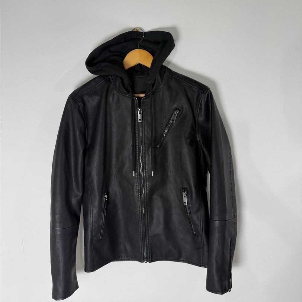 Blank NYC Black Faux Leather Jacket with Detach Hood Women’s Small EUC!!